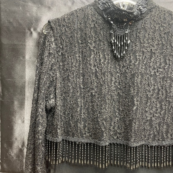 Vintage NWT Gloria Black Lace Beaded Fringe Sheer Torso Long Dress Sz XL - Picture 8 of 9